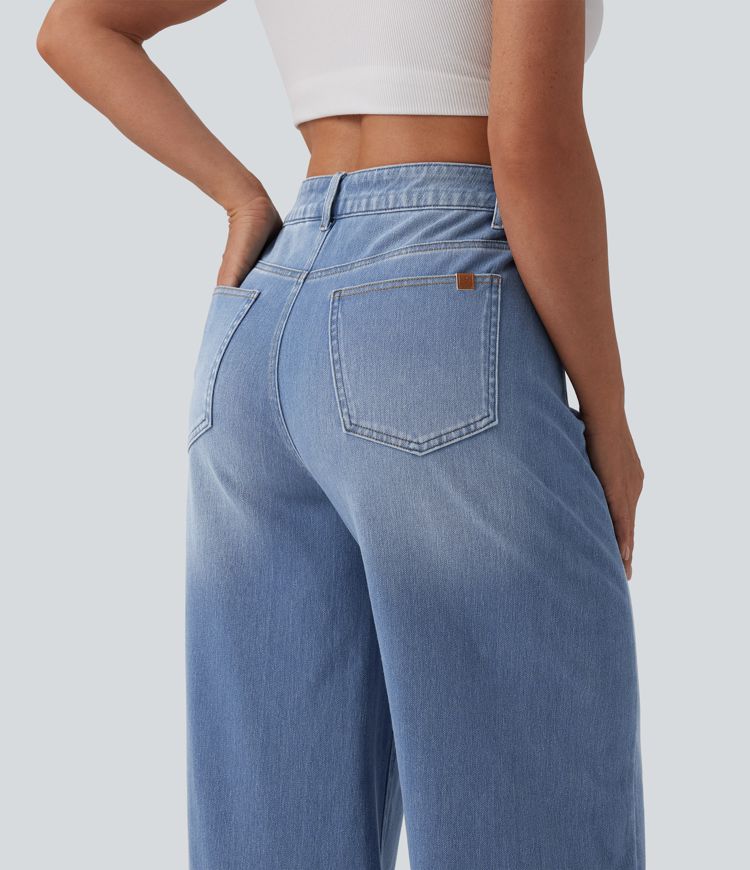 Jean baggy asymétrique Halara Flex™ taille haute effet délavé avec poches