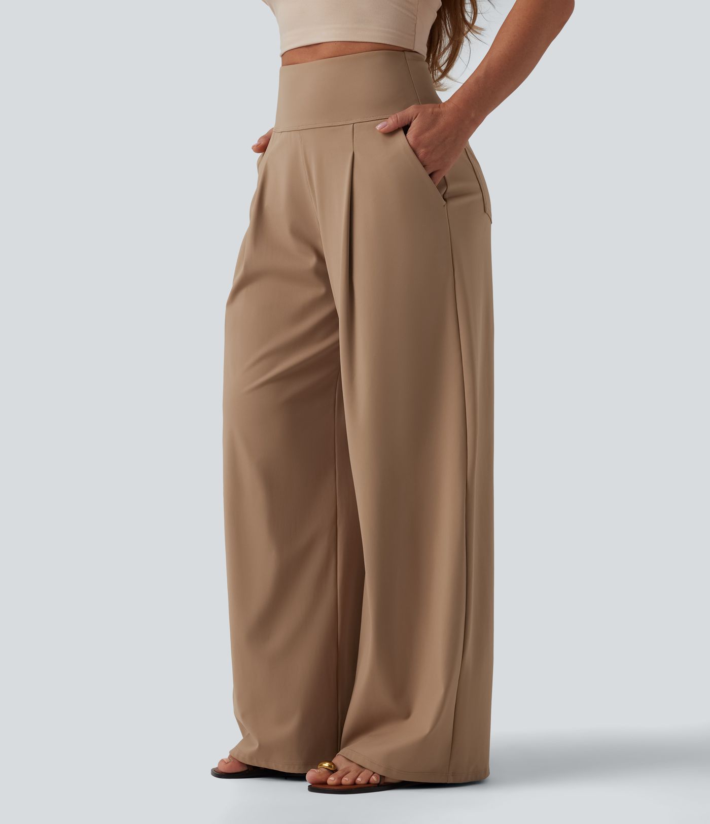 SoftlyZero™ Airy High Waisted Tummy Control Wide Leg Cool Touch Casual Trousers with Pockets-UPF50+