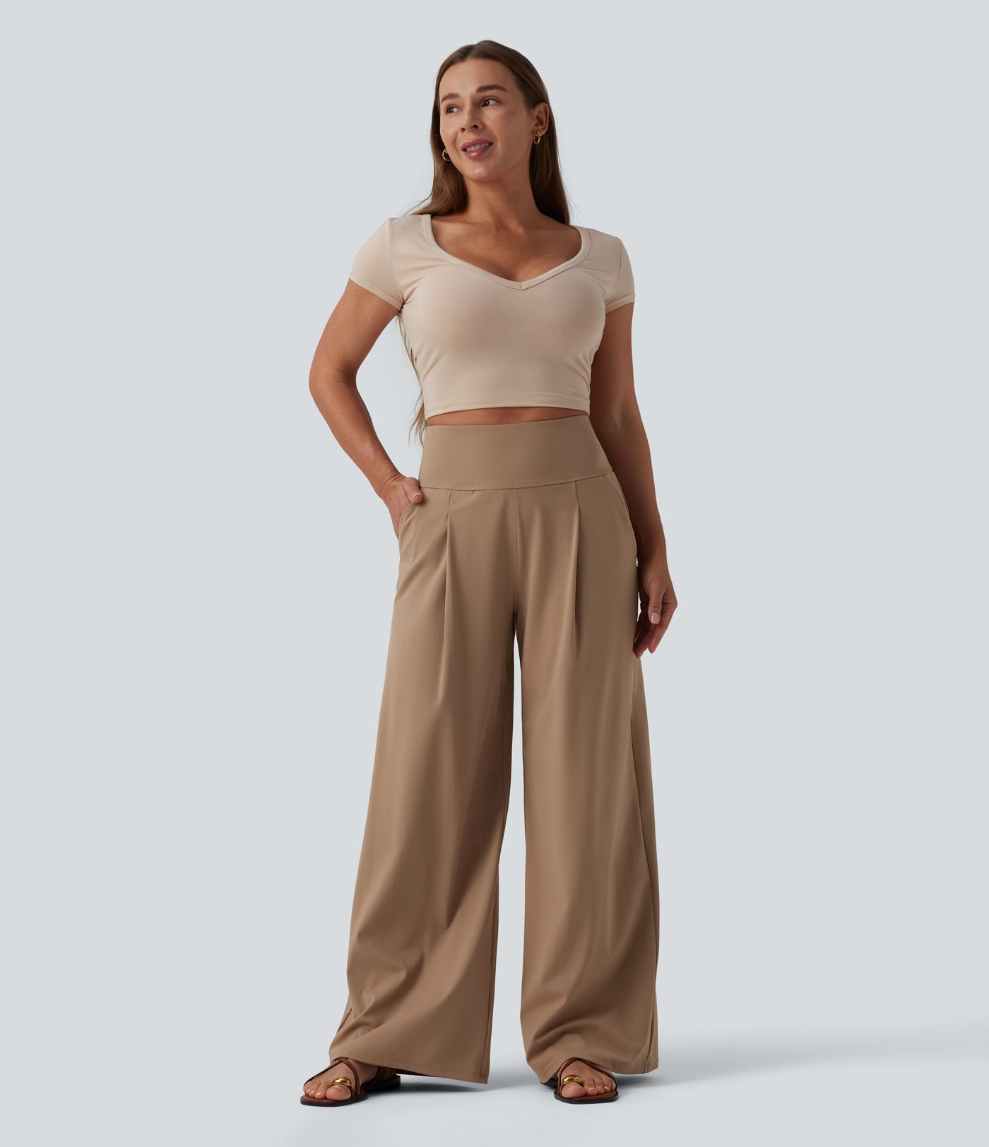 SoftlyZero™ Airy High Waisted Tummy Control Wide Leg Cool Touch Casual Trousers with Pockets-UPF50+
