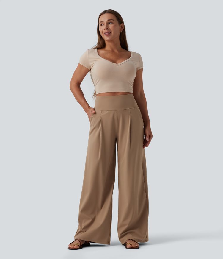 SoftlyZero™ Airy High Waisted Tummy Control Wide Leg Cool Touch Casual Trousers with Pockets-UPF50+