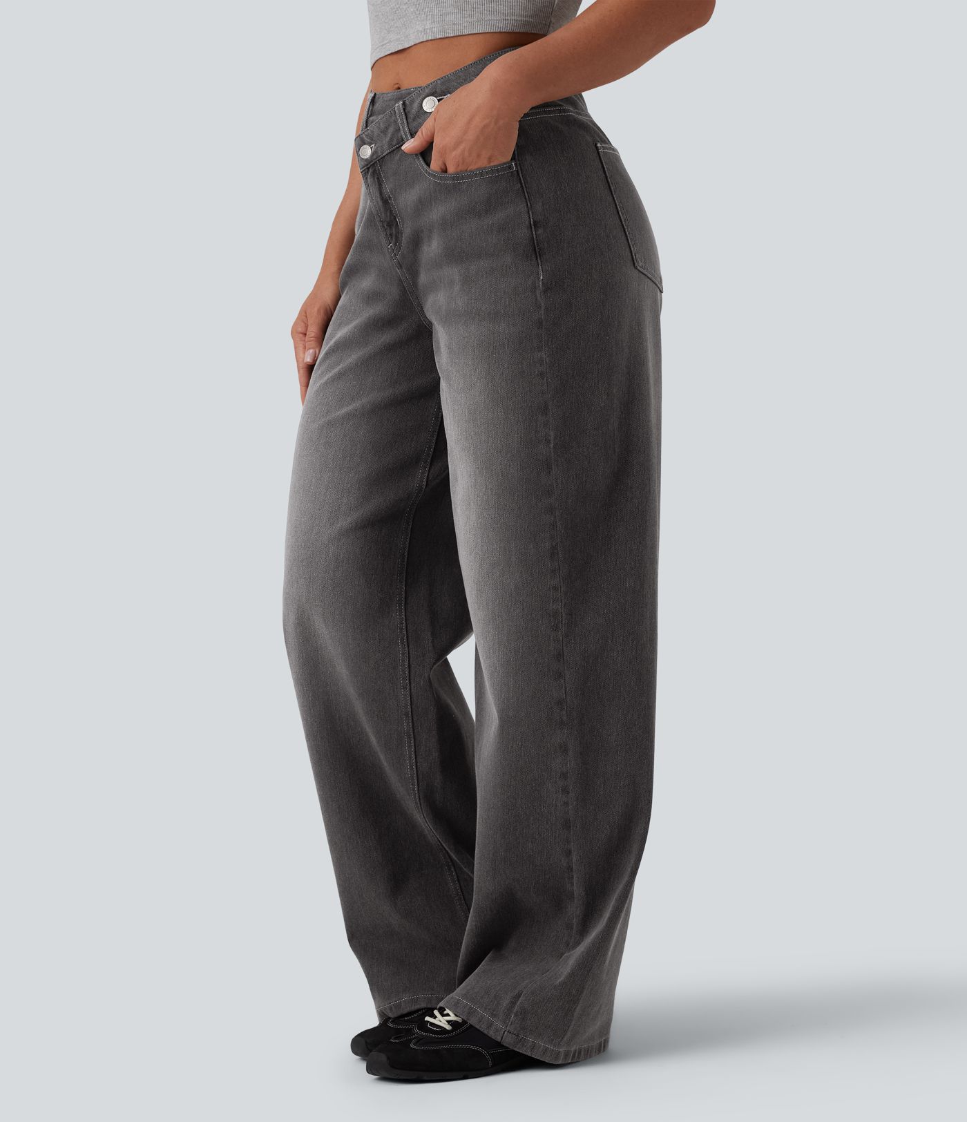 Jean baggy asymétrique Halara Flex™ taille haute effet délavé avec poches