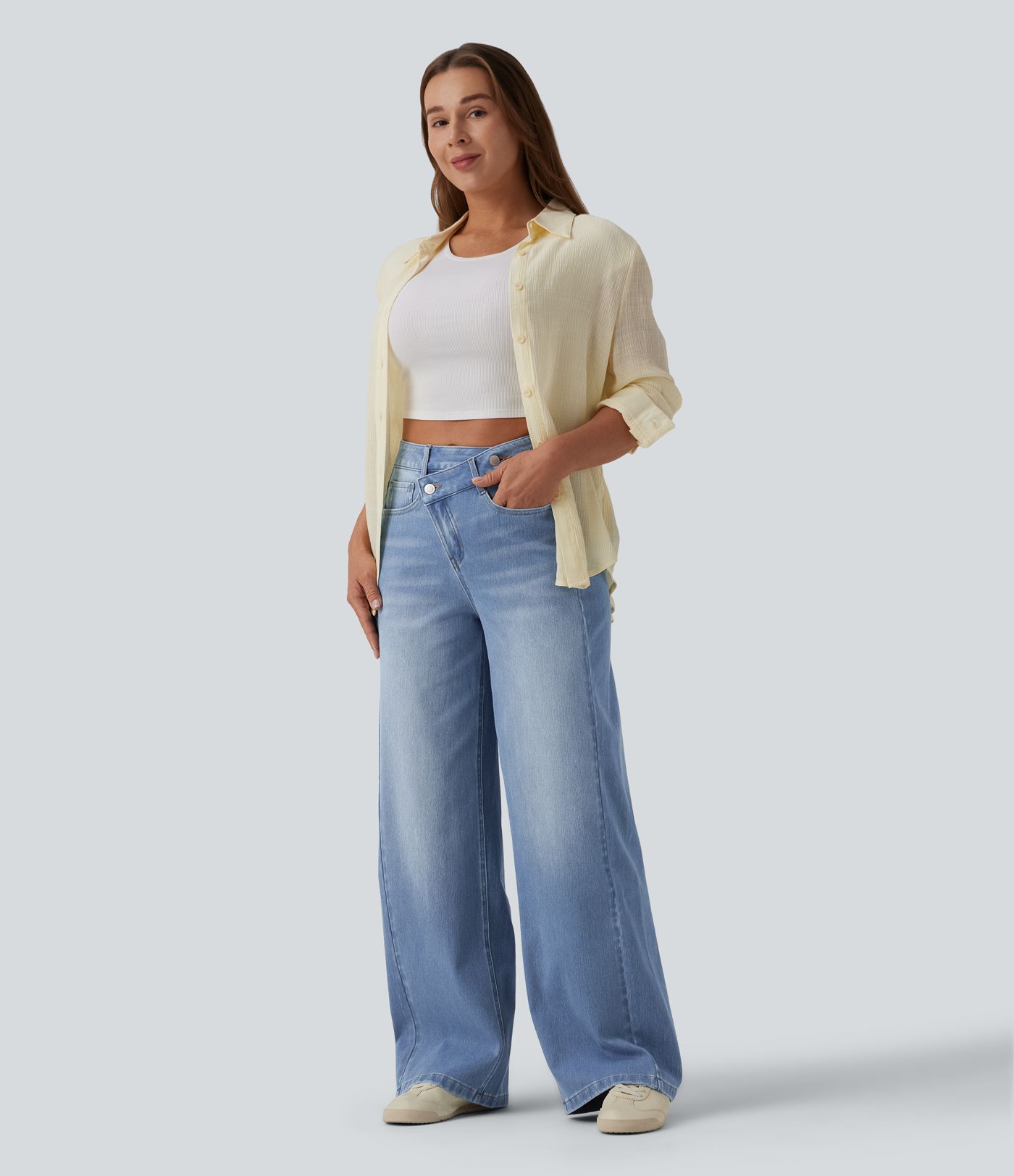 Jean baggy asymétrique Halara Flex™ taille haute effet délavé avec poches