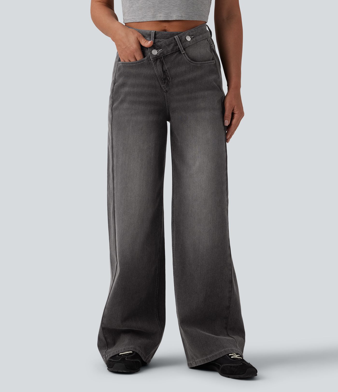 Jean baggy asymétrique Halara Flex™ taille haute effet délavé avec poches