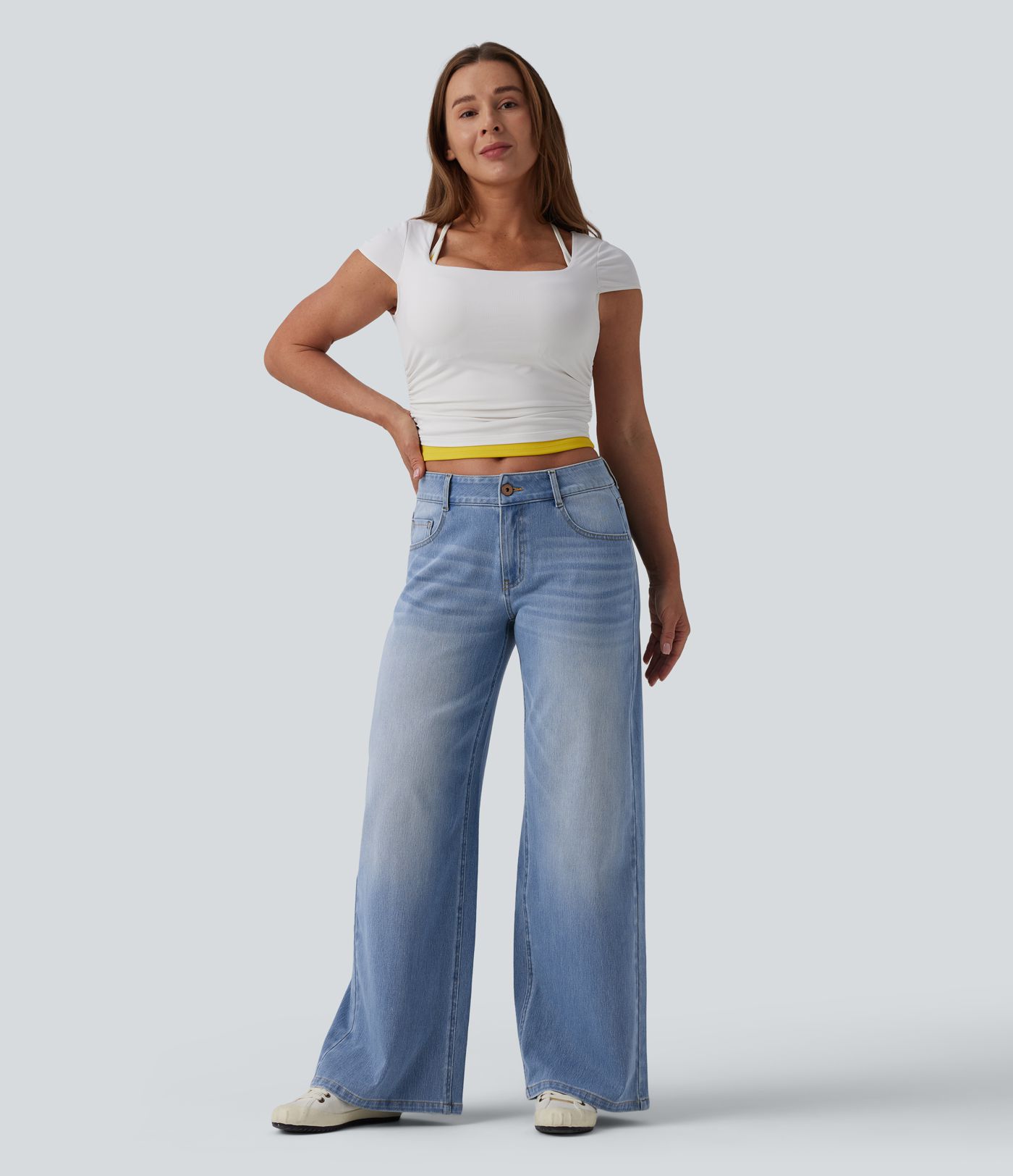 Halara Flex™ Low Rise Zipper Pockets Washed Baggy Wide Leg Women Casual Denim Jeans