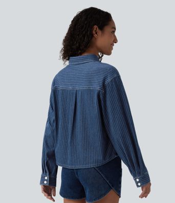 Halara Flex™ Long Sleeve Stripe Denim Casual Shirt with Pocket