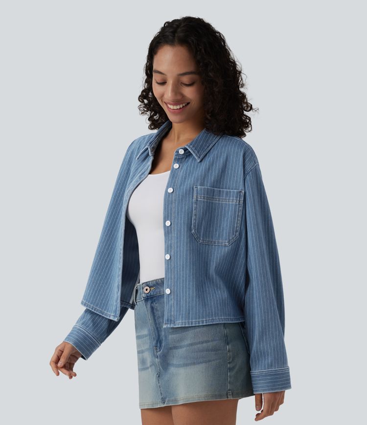 Halara Flex™ Langermet, stripete denim-fritidsskjorte med lomme Halara Flex™ Langermet, stripete denim-fritidsskjorte med lomme