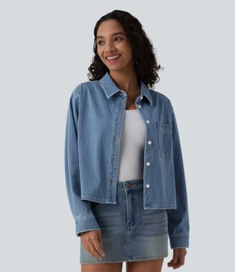 Halara Flex™ Langermet, stripete denim-fritidsskjorte med lomme Halara Flex™ Langermet, stripete denim-fritidsskjorte med lomme