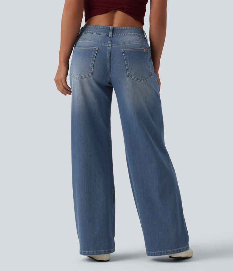 Halara Flex™ Low Rise Zipper Pockets Washed Baggy Wide Leg Casual Jeans