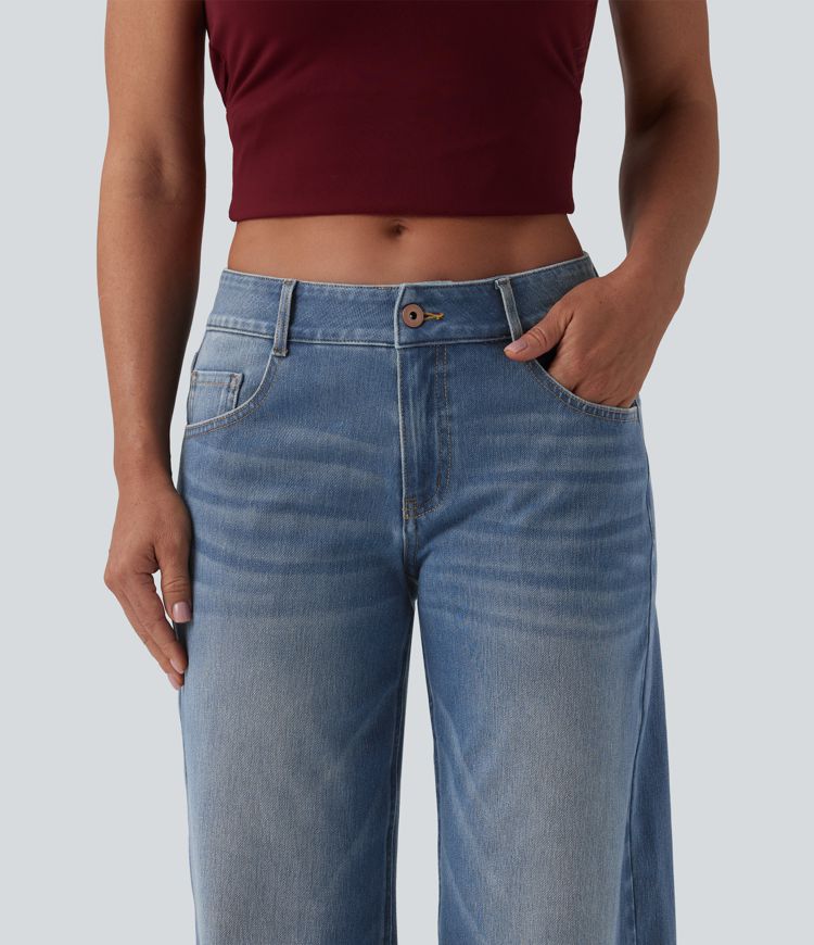 Halara Flex™ Low Rise Zipper Pockets Washed Baggy Wide Leg Casual Jeans