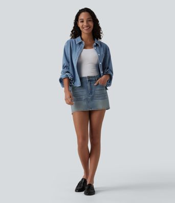 Halara Flex™ Langermet, stripete denim-fritidsskjorte med lomme Halara Flex™ Langermet, stripete denim-fritidsskjorte med lomme
