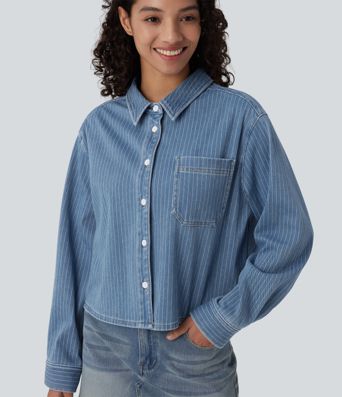 Halara Flex™ Langermet, stripete denim-fritidsskjorte med lomme Halara Flex™ Langermet, stripete denim-fritidsskjorte med lomme