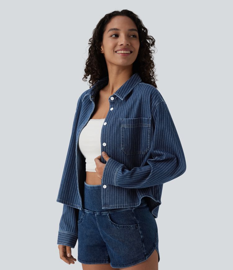 Halara Flex™ Long Sleeve Stripe Denim Casual Shirt with Pocket