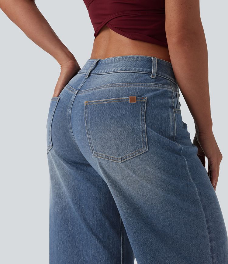 Halara Flex™ Low Rise Zipper Pockets Washed Baggy Wide Leg Casual Jeans