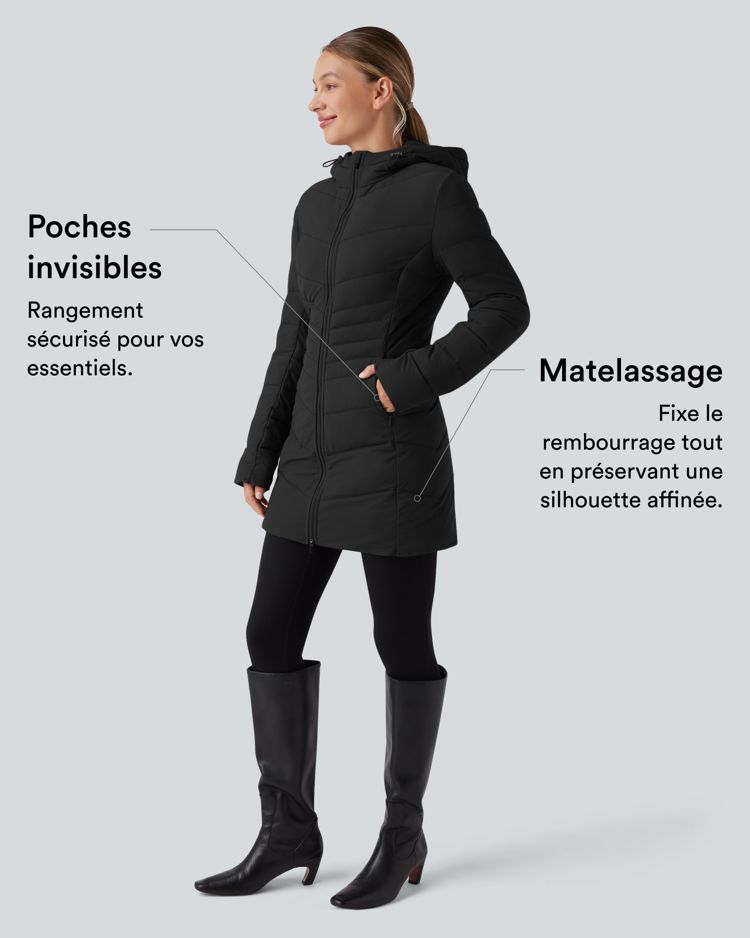 Doudoune longue extensible PuffFlex à capuche avec poches