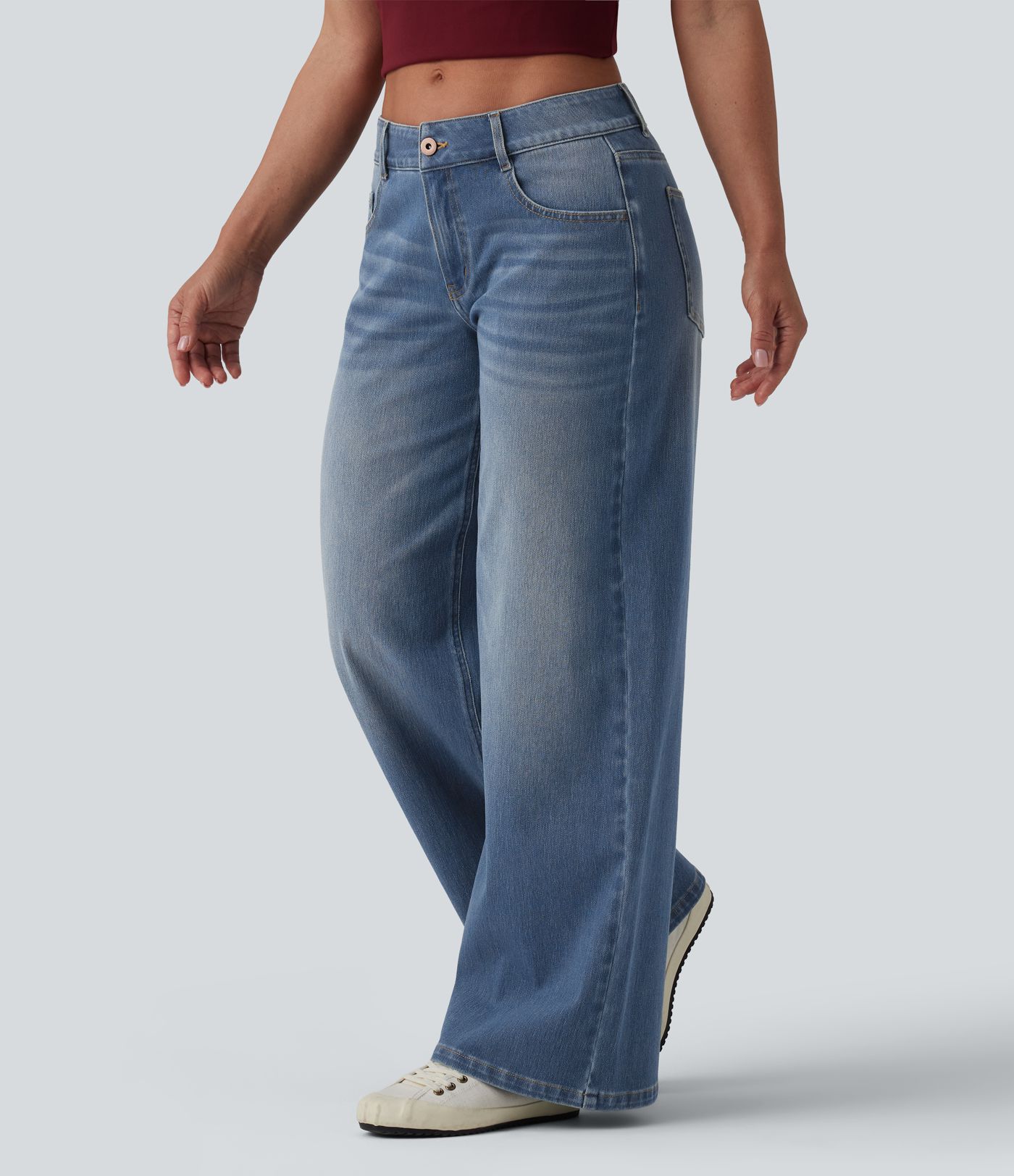 Halara Flex™ Low Rise Zipper Pockets Washed Baggy Wide Leg Casual Jeans