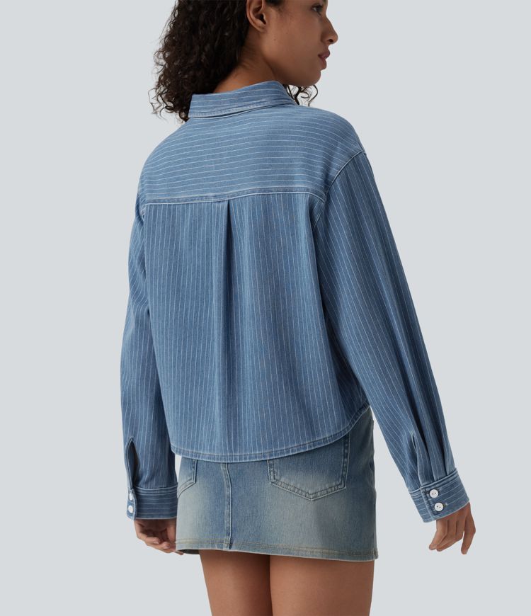 Halara Flex™ Langermet, stripete denim-fritidsskjorte med lomme Halara Flex™ Langermet, stripete denim-fritidsskjorte med lomme