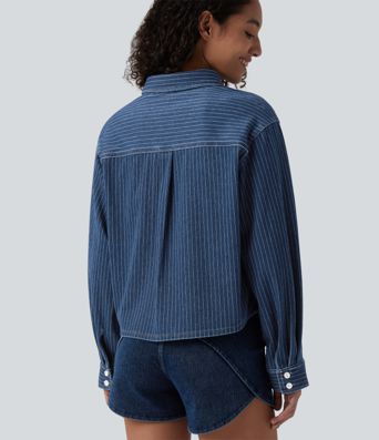 Halara Flex™ Long Sleeve Stripe Denim Casual Shirt with Pocket