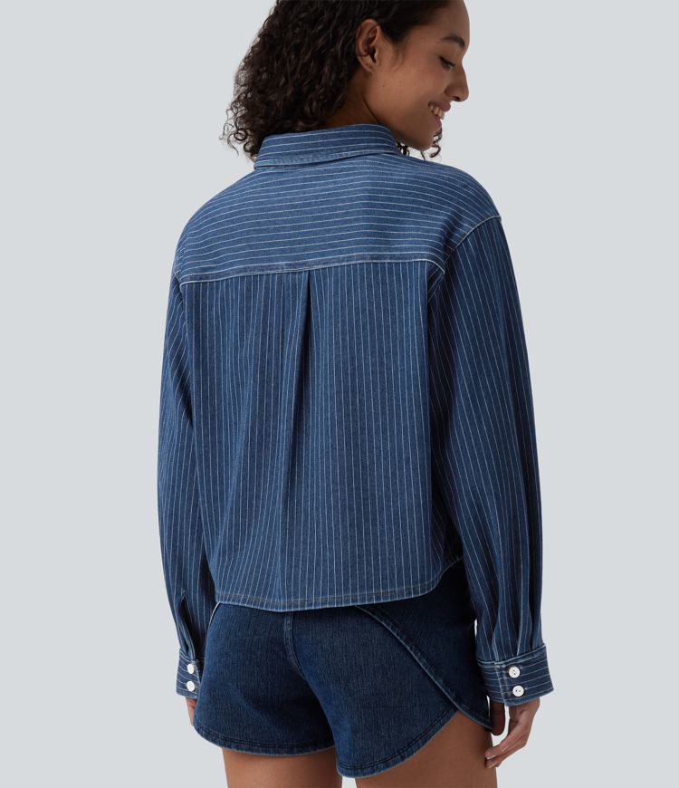 Halara Flex™ Long Sleeve Stripe Denim Casual Shirt with Pocket