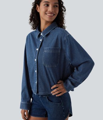 Halara Flex™ Long Sleeve Stripe Denim Casual Shirt with Pocket