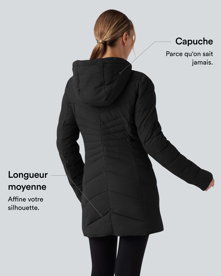 Doudoune longue extensible PuffFlex à capuche avec poches