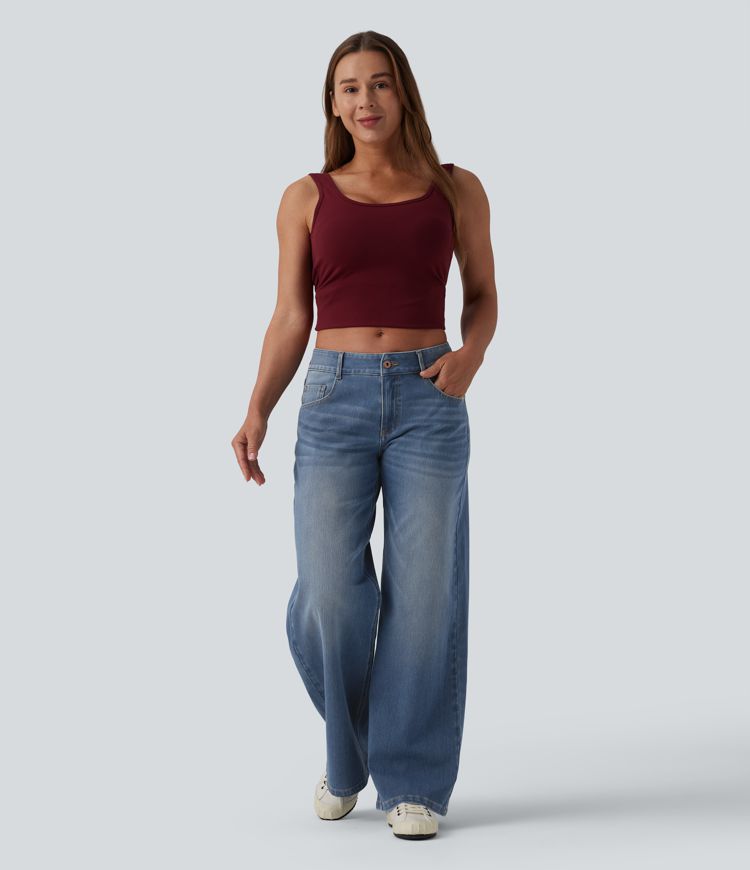 Halara Flex™ Low Rise Zipper Pockets Washed Baggy Wide Leg Casual Jeans
