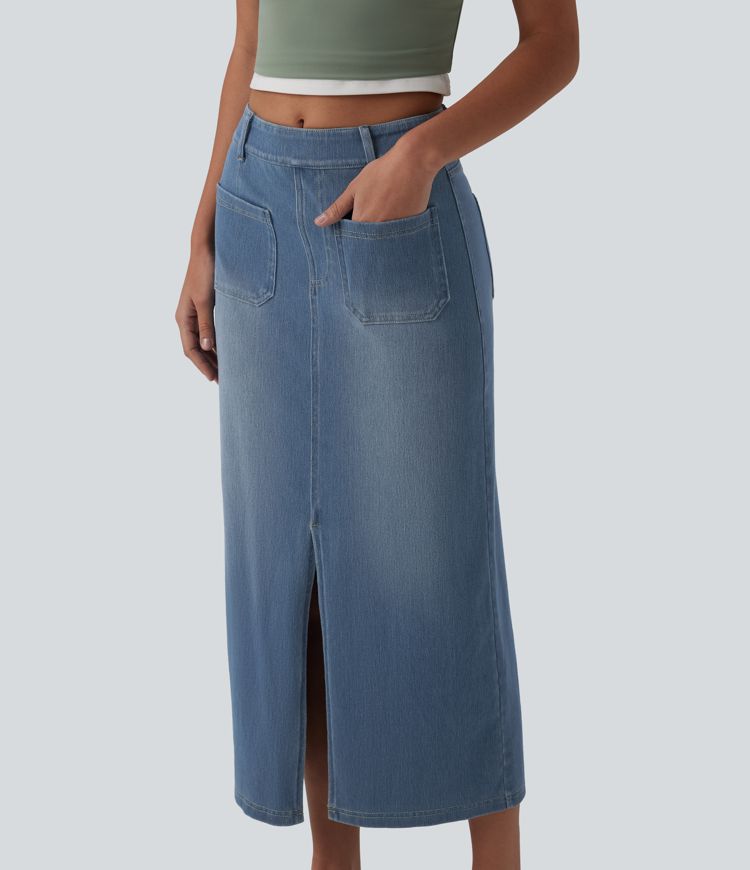Halara Flex™ Mid Rise Denim Midi Casual Skirt with Pockets
