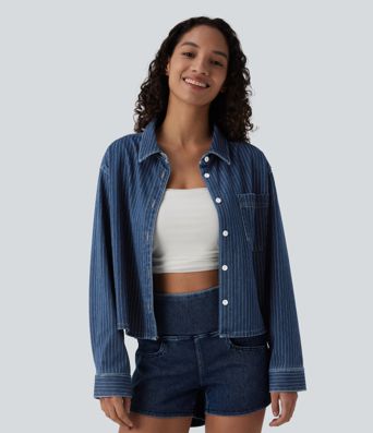 Halara Flex™ Long Sleeve Stripe Denim Casual Shirt with Pocket