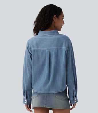 Halara Flex™ Langermet, stripete denim-fritidsskjorte med lomme Halara Flex™ Langermet, stripete denim-fritidsskjorte med lomme