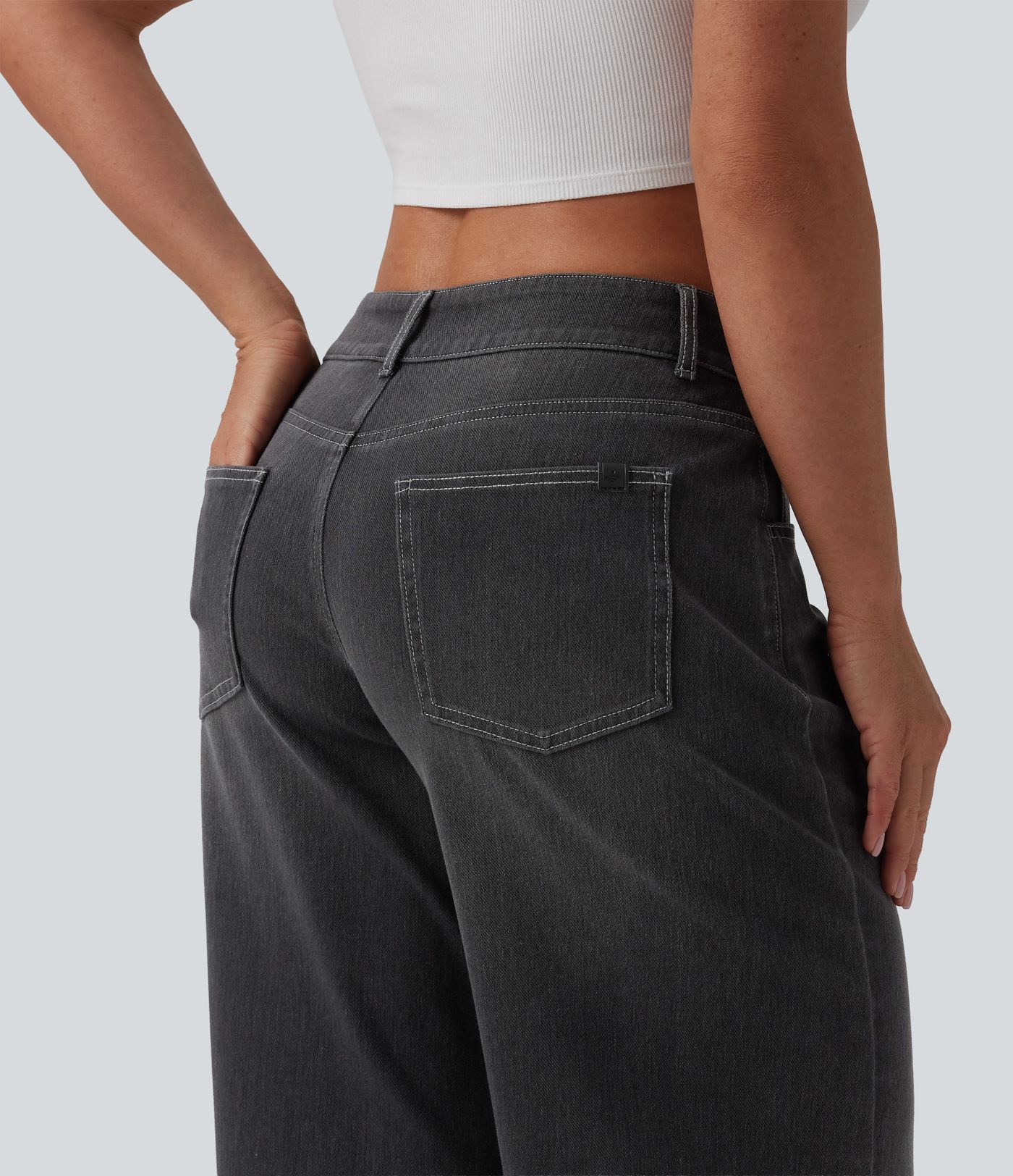 Halara Flex™ Low Rise Zipper Pockets Washed Baggy Wide Leg Women Casual Denim Jeans