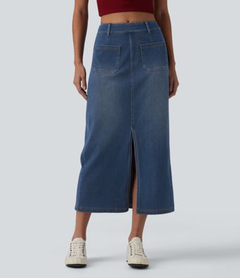 Halara Flex™ Jupe midi casual en jean taille mi-haute avec poches