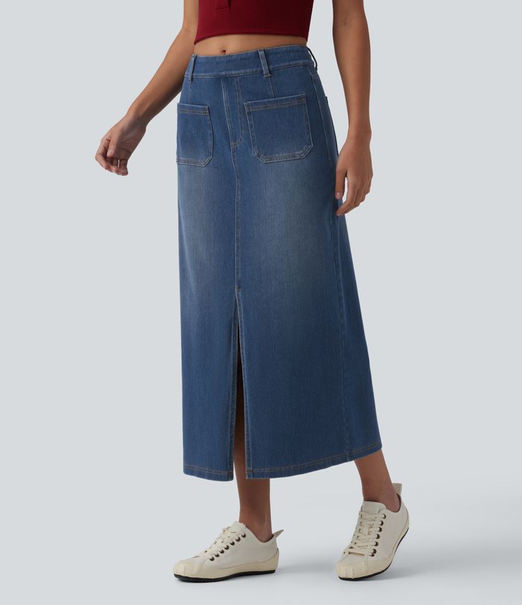 Halara Flex™ Jupe midi casual en jean taille mi-haute avec poches