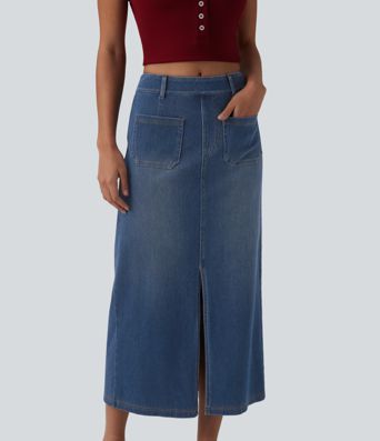 Halara Flex™ Jupe midi casual en jean taille mi-haute avec poches