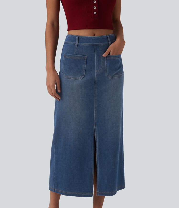 Halara Flex™ Jupe midi casual en jean taille mi-haute avec poches