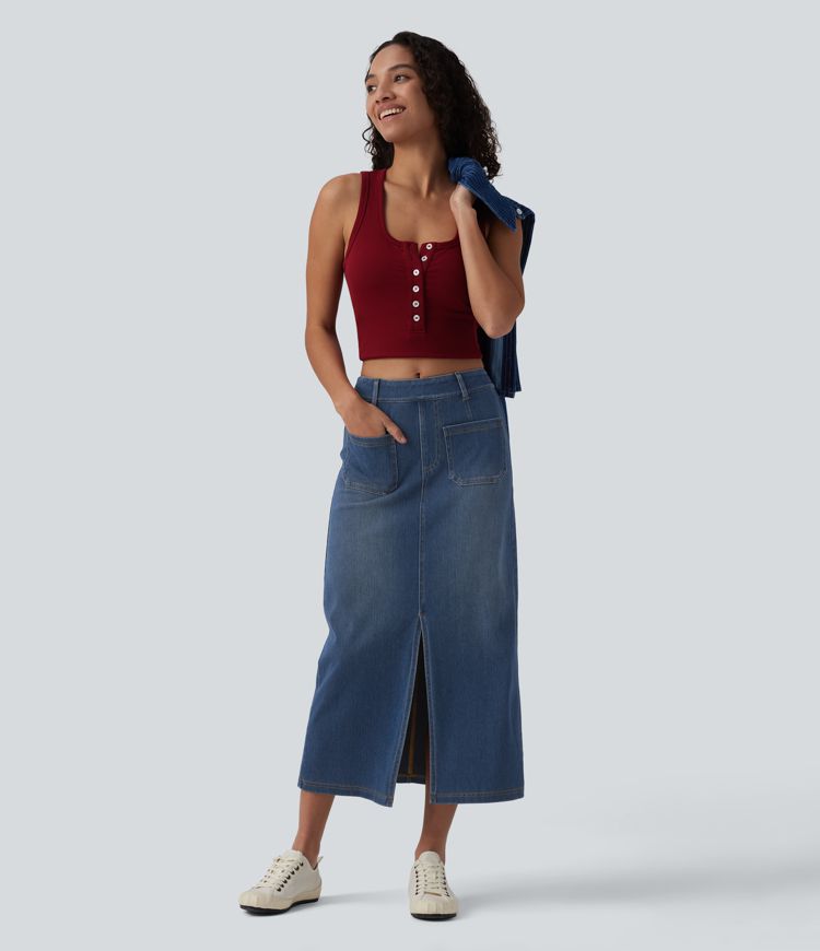 Halara Flex™ Jupe midi casual en jean taille mi-haute avec poches