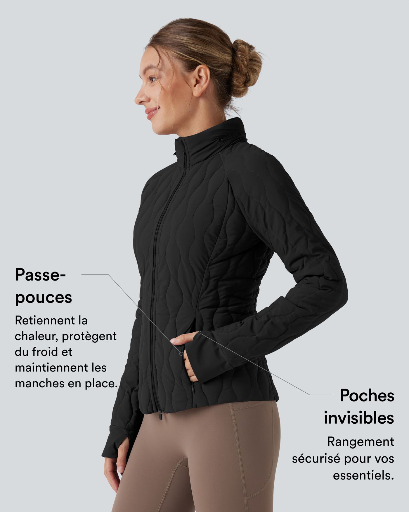 Doudoune d'entraînement col montant avec trous pouces et poches - oreiller de cou pliable