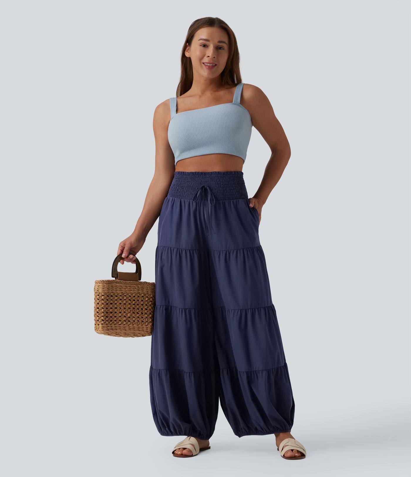 Breezeful™ High Waisted Shirred Knot Barrel Leg Quick Dry Bloomers Pants with Pockets