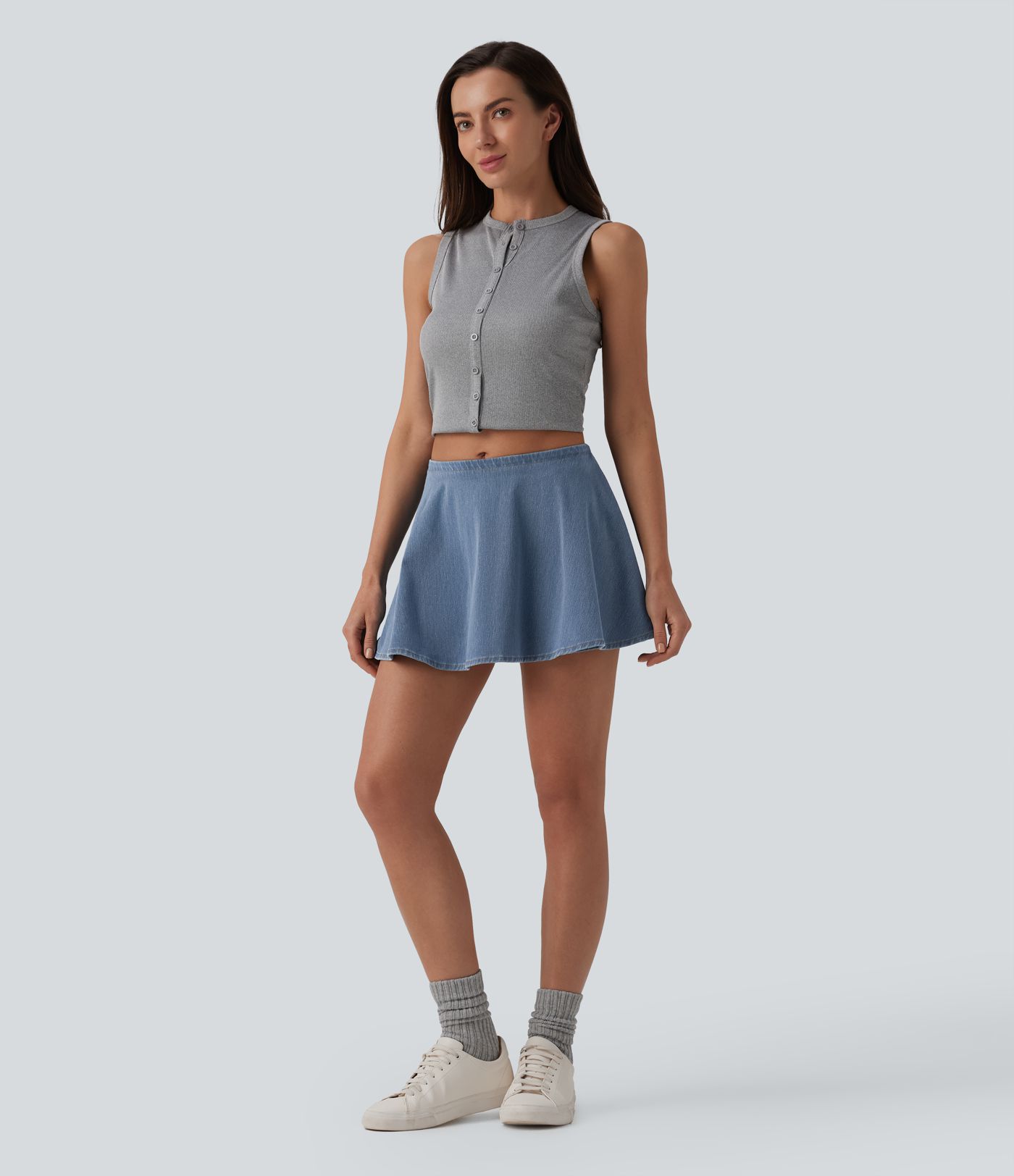 Halara Flex™ Skort casual de denim, talle medio, corte en A
