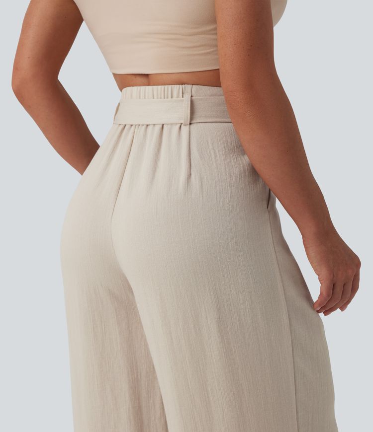 Pantalon casual ample taille haute aspect lin avec ceinture et poches