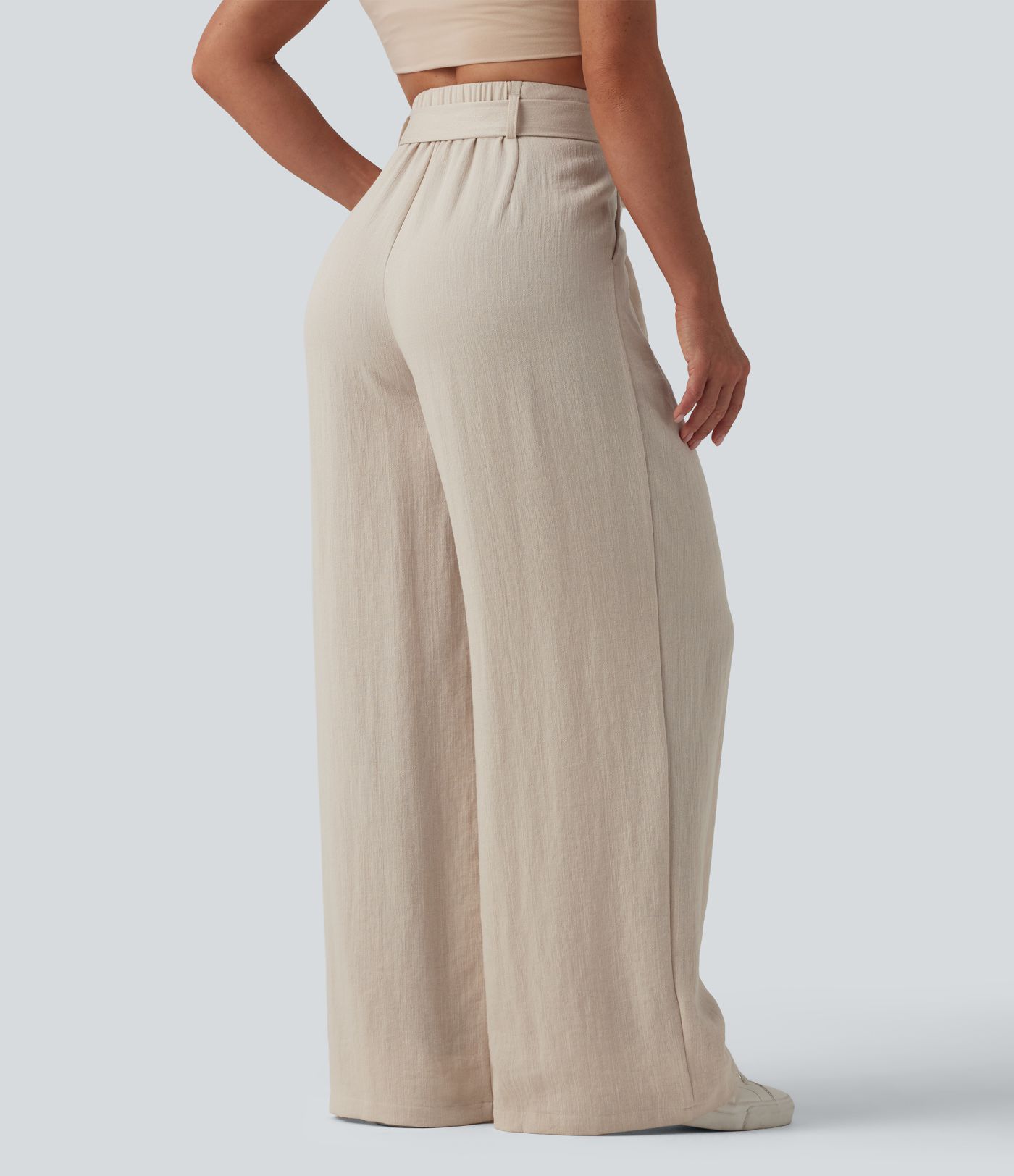 Pantalon casual ample taille haute aspect lin avec ceinture et poches