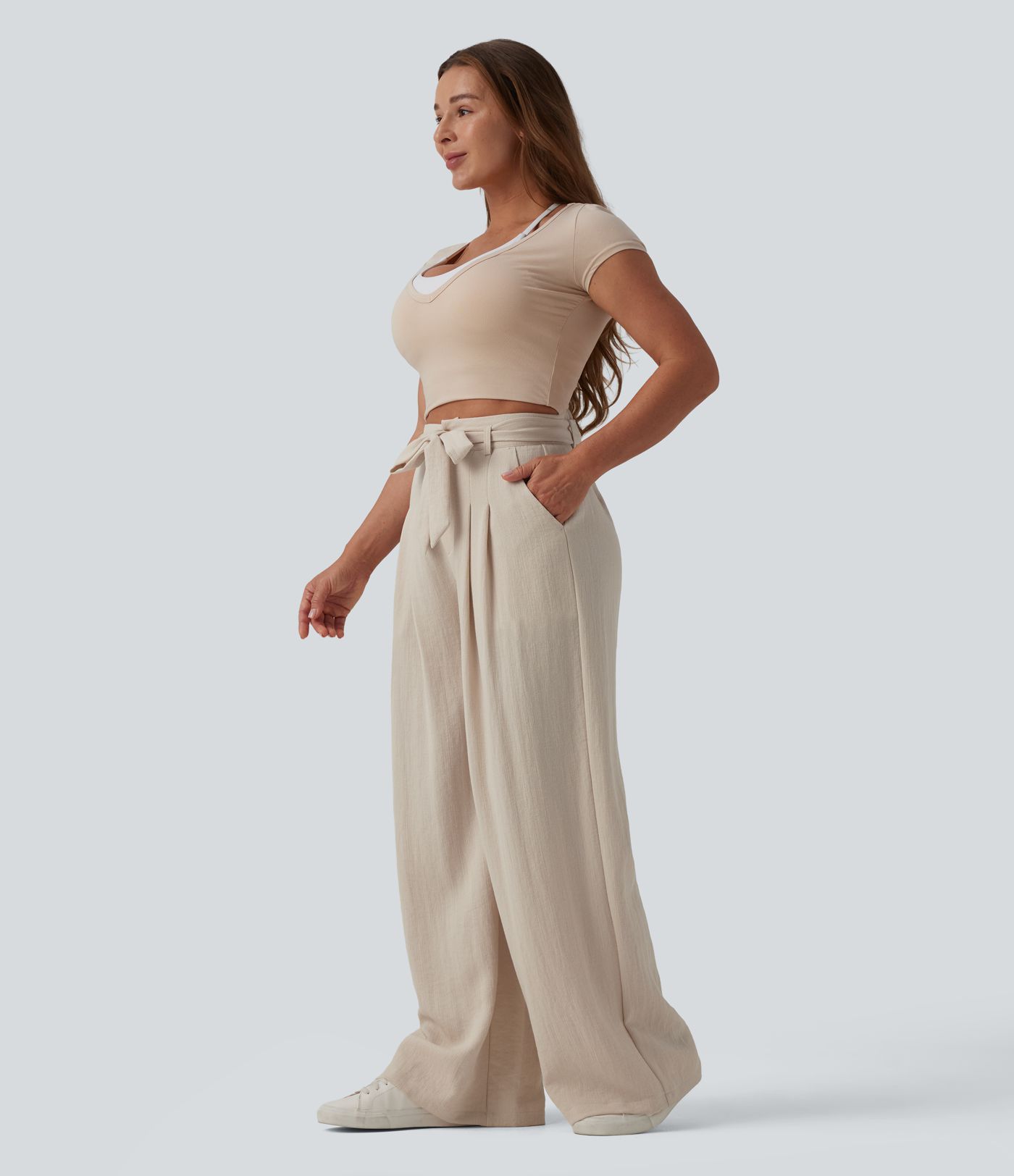 Pantalon casual ample taille haute aspect lin avec ceinture et poches