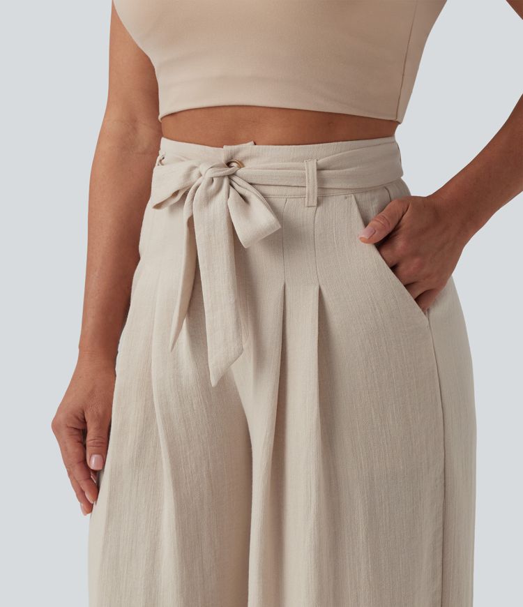 Pantalon casual ample taille haute aspect lin avec ceinture et poches