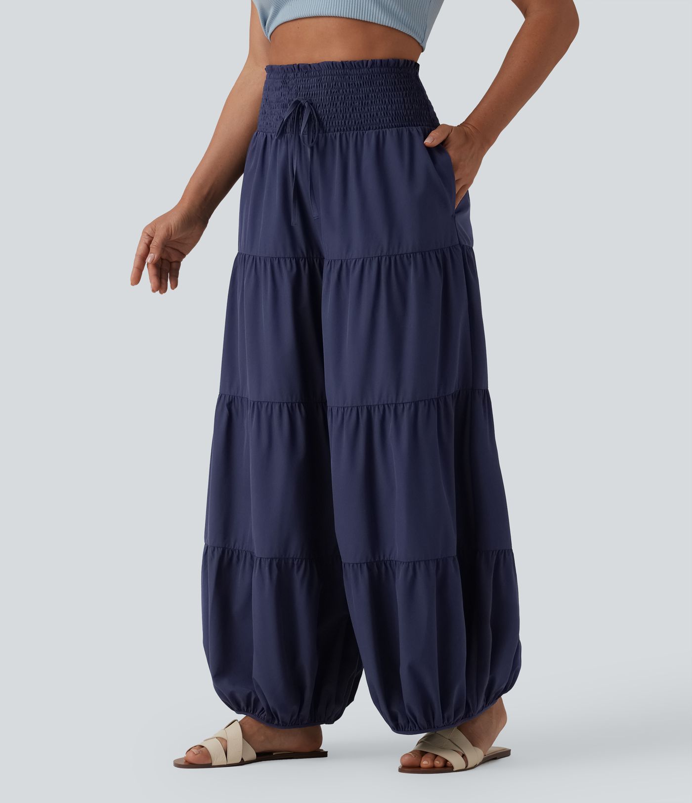 Breezeful™ High Waisted Shirred Knot Barrel Leg Quick Dry Bloomers Pants with Pockets