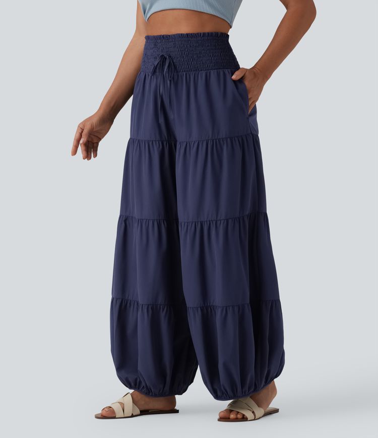 Breezeful™ High Waisted Shirred Knot Barrel Leg Quick Dry Bloomers Pants with Pockets