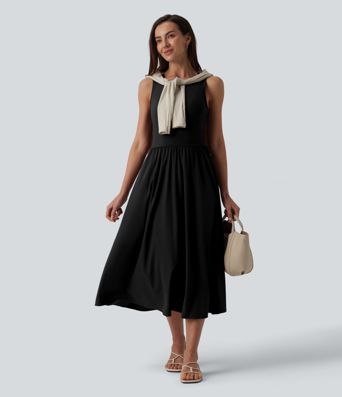 Round Neck Sleeveless Cut Out Midi Casual Dress