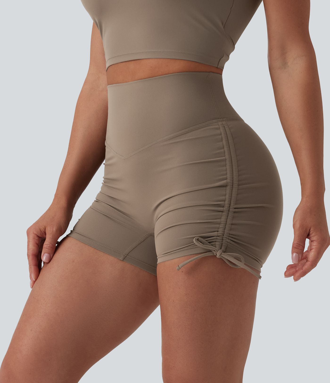 Halara UltraSculpt™ - Geraffte Yoga-Bikershorts mit hohem Bund, Bundtasche und seitlicher Schnürung