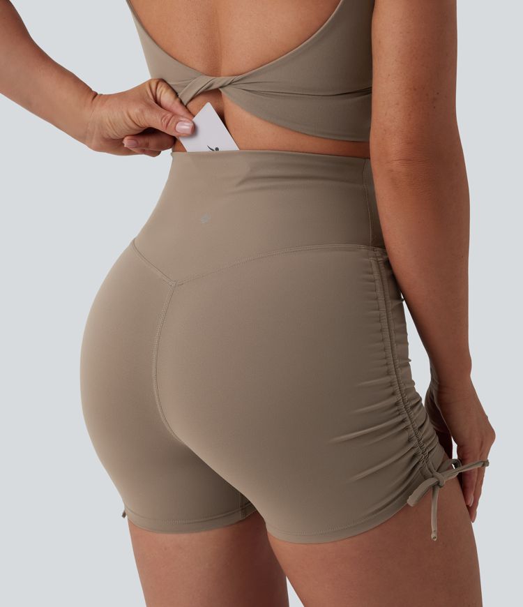Halara UltraSculpt™ - Geraffte Yoga-Bikershorts mit hohem Bund, Bundtasche und seitlicher Schnürung