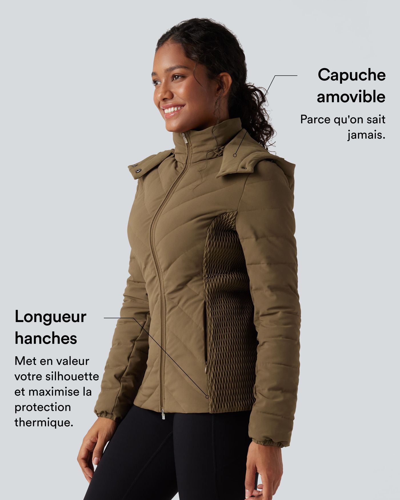 Doudoune froncée capuche amovible avec poches