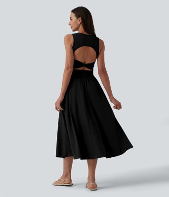 Round Neck Sleeveless Cut Out Midi Casual Dress