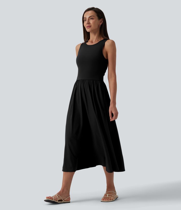 Round Neck Sleeveless Cut Out Midi Casual Dress