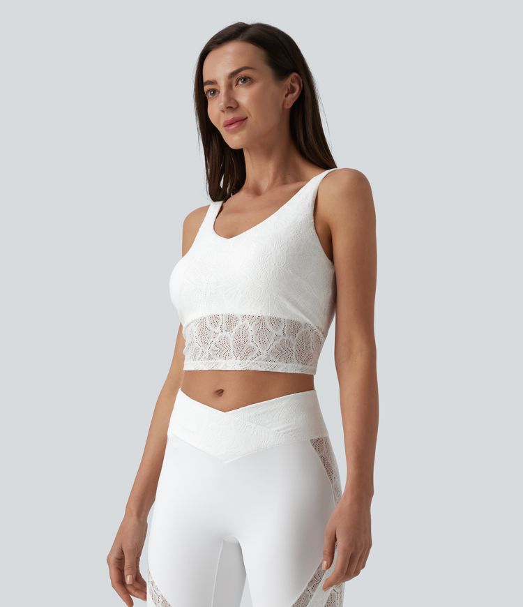 V-neck Scoop Back Contrast Lace Ultra-slim Cropped Yoga Tank Top